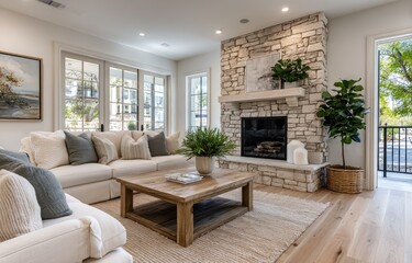 an open concept living room with white walls, dark wood floors and fireplace in new construction home in the suburbs