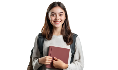 Smiling young female college student with a book and backpack, isolated on transparent background