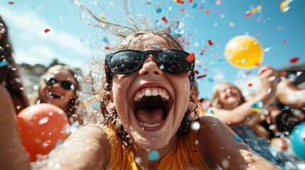 An energetic scene capturing children having fun at a pool party, laughter and excitement reflected in their joyful expressions amidst splashes of water and confetti.