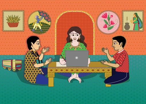 Indian style business people working together. Kalamkari style very unique Illustration.