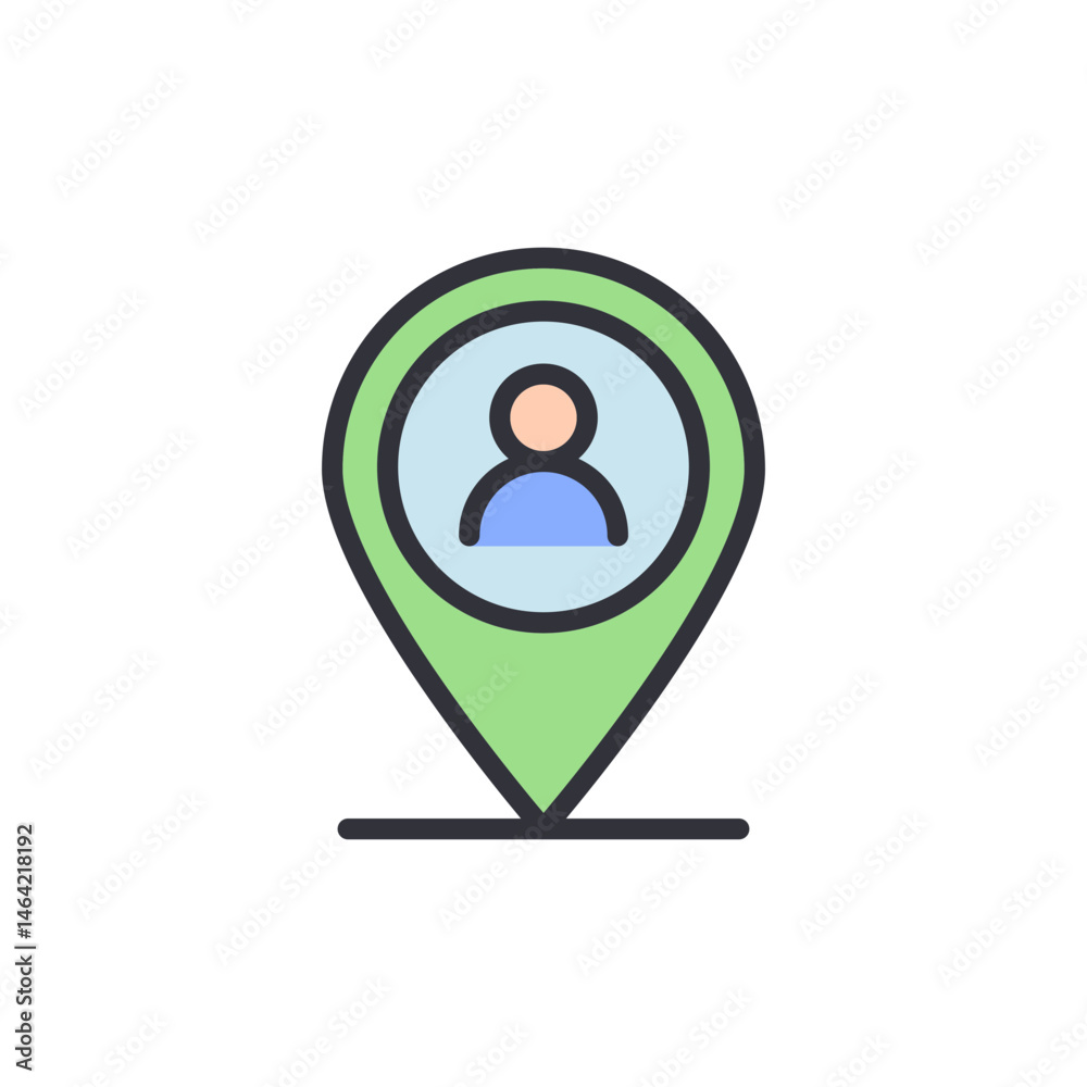 Poster stylized green map pointer with a human icon displaying location