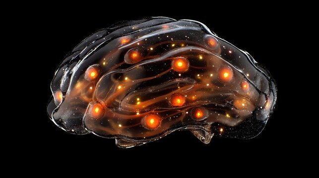 Stylized neural network diagram with firing pulses inside a transparent brain model