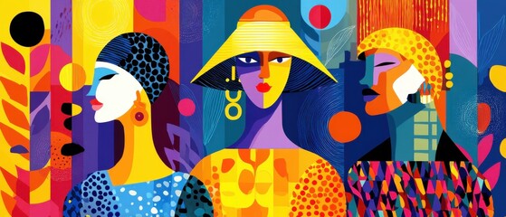Vibrant abstract portrait of three women with colorful geometric patterns, showcasing modern art and diverse beauty