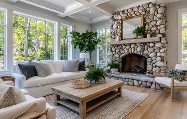 an open concept living room with white walls, dark wood floors and fireplace in new construction home in the suburbs