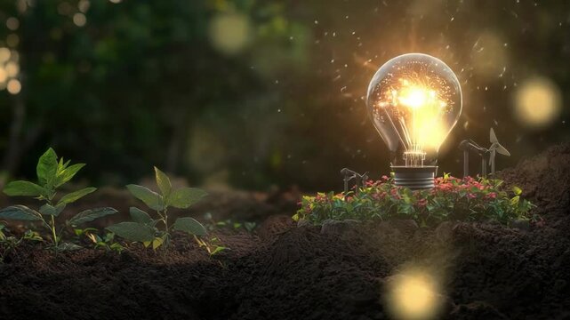 Illuminating Green Energy: A captivating visual of a glowing lightbulb planted in fertile soil, symbolising the growth of sustainable energy solutions, complemented by mini wind turbines.