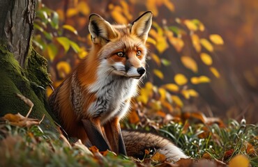 Fototapeta premium red fox wild mammal with red fur, sitting in the grass, portrait of a natural wild animal predator