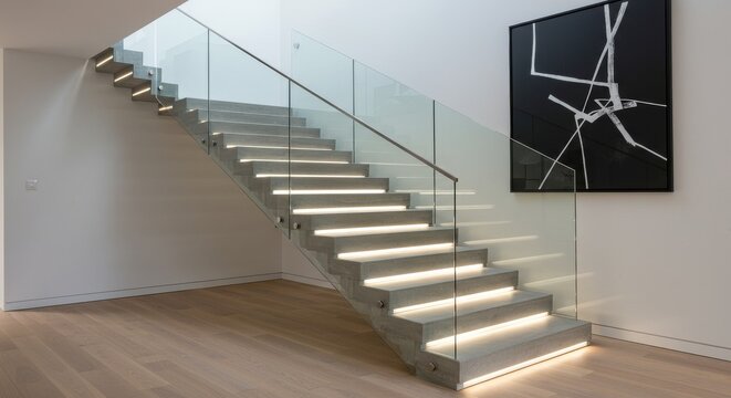 Modern architectural staircase illuminated with integrated step lighting detail