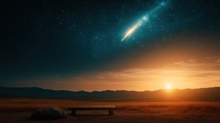 Obraz premium An enchanting cosmic landscape showcases a starry night sky, with brilliant stars and a sunset horizon, inviting contemplation and wonder about the universe and its mysteries.