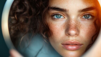 A captivating close-up portrait showcasing a beautiful freckled face with striking blue eyes, framed by curly hair, appearing through a reflective mirror surface.