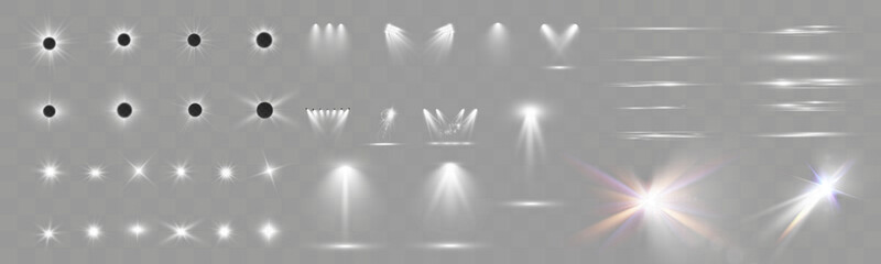 Set of light spotlight effects.Lens flare, explosion,sparkle, dust,line,solar flare, spark and stars.
