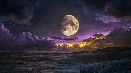 Glowing moon rising over dark rocky landscape with clouds illuminated in violet and gold cinematic cosmic horizon