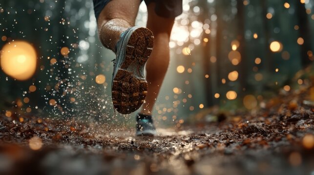 A dynamic capture of a runner sprinting along a muddy trail in a forest, kicking up water droplets that highlight the invigorating energy of outdoor exercise and adventure.