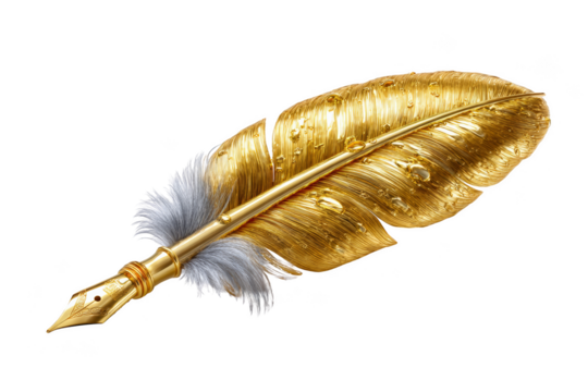 A luxurious gold feather quill pen with intricate detailing and a metallic finish. Png, Transparent background.