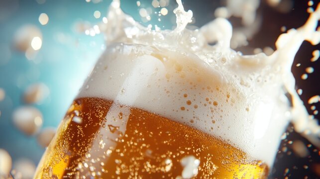 A frothy glass of beer splashes dynamically against a blurred backdrop, capturing the refreshing essence of this popular beverage and the joy of celebration and relaxation.