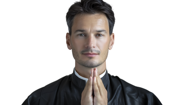 Priest Praying: Portrait of a priest, with clasped hands, in an act of solemn devotion. capturing the essence of faith and spirituality, embodying the values of piety and spiritual guidance.