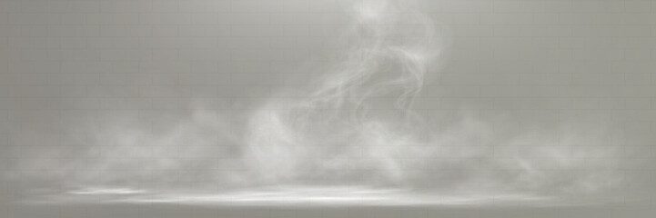 Abstract white smoke or steam rising in spotlight on dark background, mystical vapor effect.
