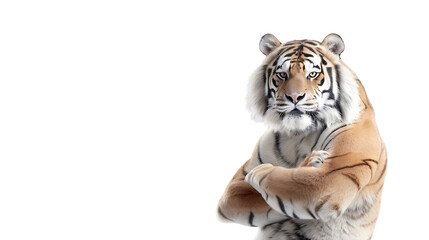 Majestic Tiger Poses Proudly: A powerful and regal tiger stands confidently with its arms crossed, embodying strength and authority, its striking stripes and intense gaze commanding attention.
