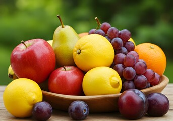 Vibrant Fruit Basket Apples, Grapes, Lemons, Oranges, Pears, and Plums. Fresh, Healthy, Colorful, and Delicious.