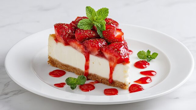 Strawberry cheesecake slice with mint leaves and red sauce on white plate in gourmet dessert presentation