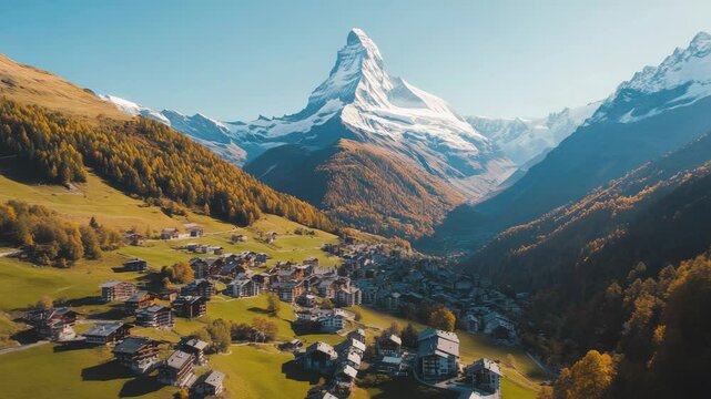Warm morning sunlight illuminating the charming village of zermatt in a valley, with the iconic matterhorn peak towering over the picturesque autumn landscape of the swiss alps