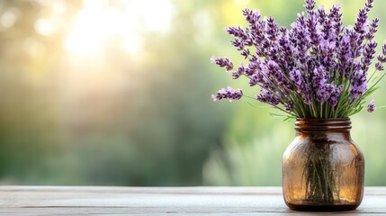 A stunning bouquet of lavender flowers elegantly displayed in a vintage glass jar, capturing the essence of natural beauty and simplicity against a serene outdoor backdrop.