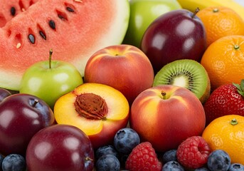 Fresh Fruits Watermelon, Apple, Peach, Kiwi, Berries, Orange, Banana, Plum - Healthy Eating.