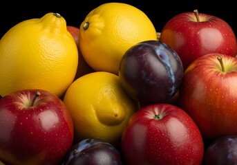 Fresh Fruits Red Apples, Yellow Lemons, and Purple Plums Close-Up, Healthy Eating, Natural Produce.