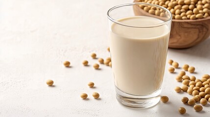 Soybean milk in a glass with scattered soybeans against a neutral backdrop