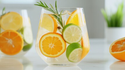 Naklejka premium Citrus Cocktail: A vibrant refreshing summer cocktail garnished with citrus fruits and rosemary branch, inviting a moment of pure bliss and taste.