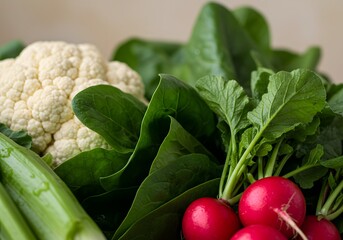 Fresh Organic Vegetables Cauliflower, Spinach, Radishes and Celery. Healthy Food, Ingredients, Vitamins, Diet, Vegan, Vegetarian.