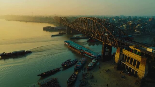 Wide angle drone shot, crowded traffic passing over Calcutta's iconic 'Howrah Bridge' and the Hooghly River flowing underneath. 