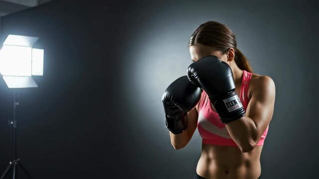 Woman boxer throwing a punch in boxing training. Professional athlete sparring in ring. Sportswoman practicing combat. Fitness and strong woman concept in gym