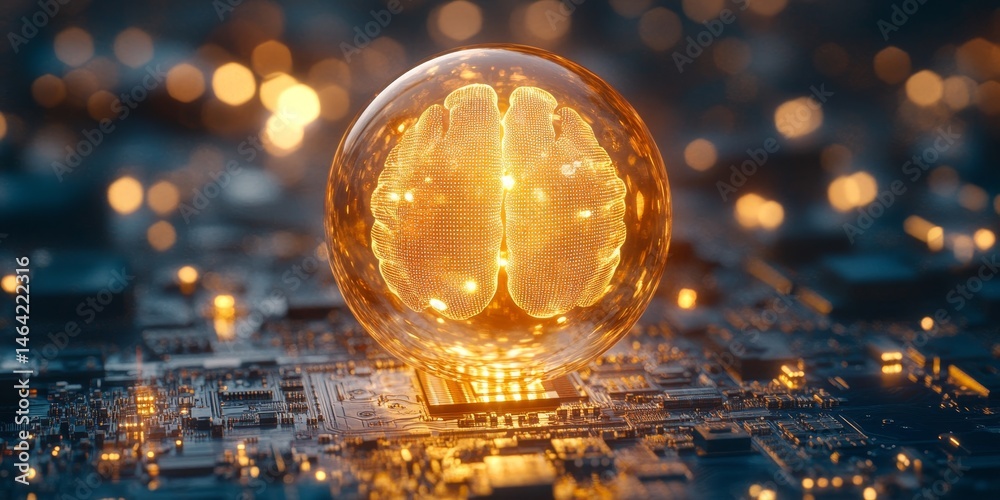 Wall mural glowing artificial intelligence brain chip on futuristic circuit board with soft light