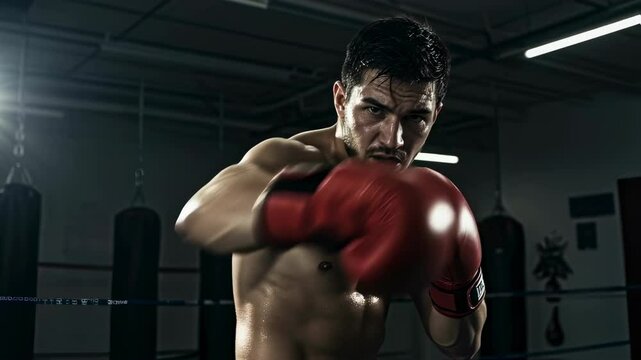 Man boxer throwing a punch at boxing ring in intense fight, sweat on face. Professional training with red gloves for combat sport fighting competition.