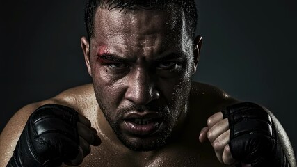 Injured male boxer with sweat and blood on his face looking intense. Aggressive fighter ready for next round after tough fight. Sport motivation and grit concept.