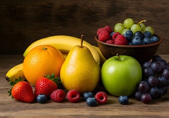 Fresh Fruit Still Life Healthy Food Variety, Berries, Grapes, Apples, Pears, Bananas, Strawberries, Oranges.