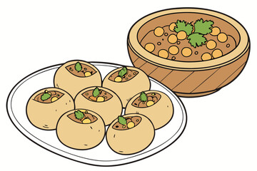 21 Indian street food, pani puri, golgappa, round crispy shells, spicy potato filling, tamarind chutney, chickpeas, white plate, wooden bowl, cilantro garnish, appetizer, snack, realistic illustration