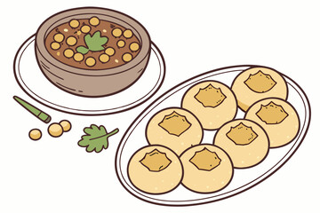 21 Indian street food, pani puri, golgappa, round crispy shells, spicy potato filling, tamarind chutney, chickpeas, white plate, wooden bowl, cilantro garnish, appetizer, snack, realistic illustration