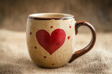 Rustic Beige Coffee Mug with Large Red Heart Design Valentine s Day Theme Romantic Decor