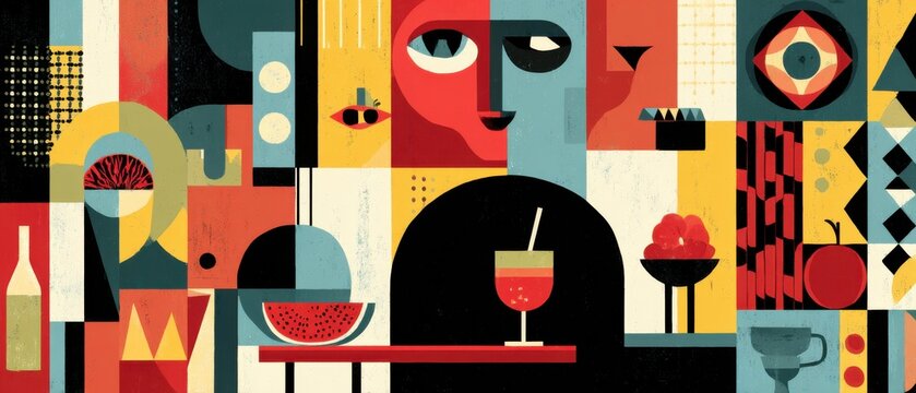 Naklejki Vibrant geometric illustration of abstract face with cocktail and fruit, colorful retro design for modern art and summer vibes