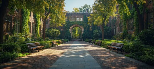 Sunlit campus pathway, arched building, green trees.  Educational setting