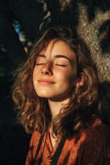 Fototapeta premium A serene young woman closes her eyes, embracing the sunlight while leaning against a tree.