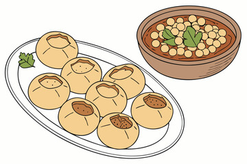 21 Indian street food, pani puri, golgappa, round crispy shells, spicy potato filling, tamarind chutney, chickpeas, white plate, wooden bowl, cilantro garnish, appetizer, snack, realistic illustration