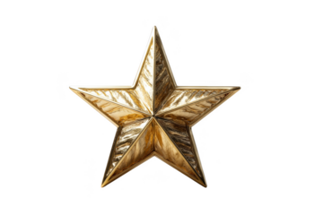 Shiny gold five-pointed star with a metallic texture and embossed details. Png, Transparent background.