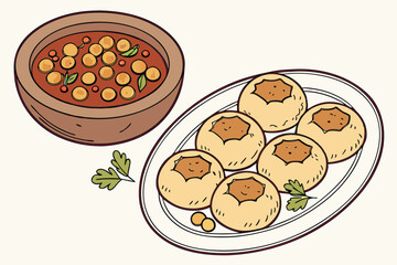 21 Indian street food, pani puri, golgappa, round crispy shells, spicy potato filling, tamarind chutney, chickpeas, white plate, wooden bowl, cilantro garnish, appetizer, snack, realistic illustration
