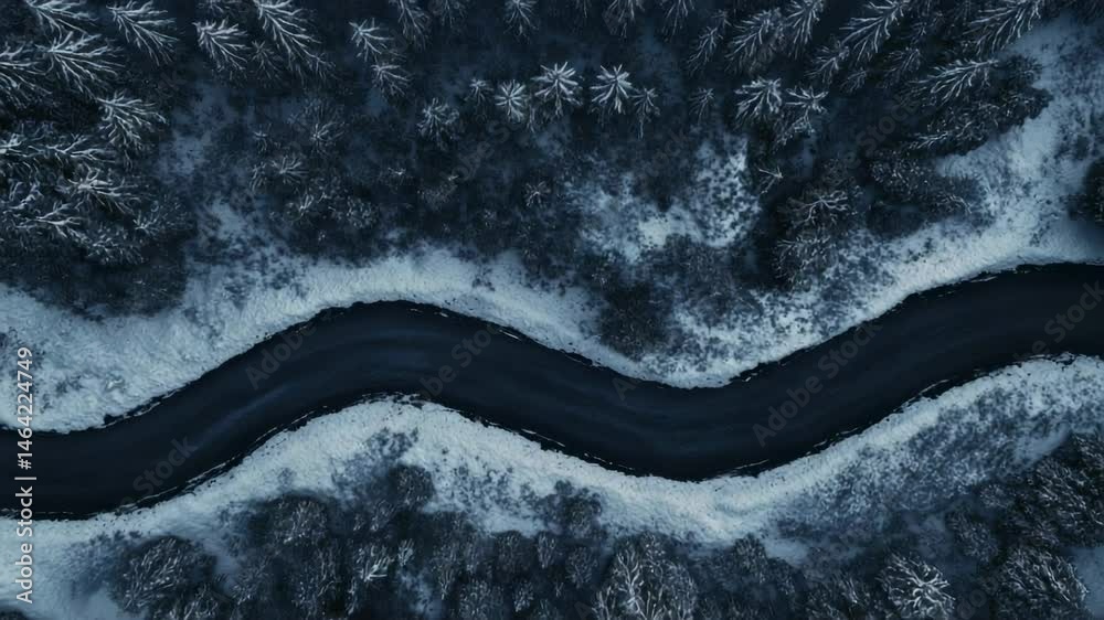 Poster aerial view of a winding road cutting through a snow covered forest in winter, creating a visually s