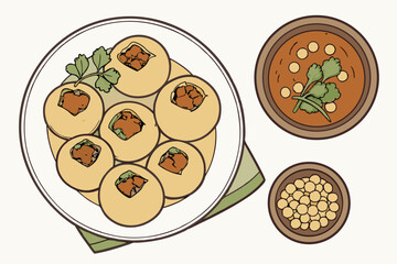 21 Indian street food, pani puri, golgappa, round crispy shells, spicy potato filling, tamarind chutney, chickpeas, white plate, wooden bowl, cilantro garnish, appetizer, snack, realistic illustration