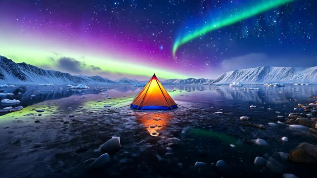 Aurora Borealis Tent: A solitary tent under the vibrant Northern Lights, with a breathtaking view of the Aurora Borealis, reflects peacefully in a serene lake in the Arctic wilderness. 
