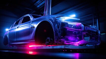 Fototapeta premium Silver car suspended on dark platform with pink and blue lighting in industrial setting