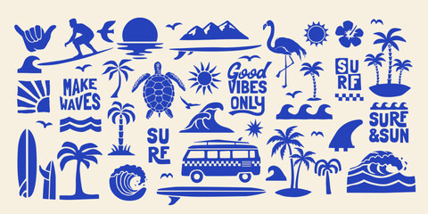 A tropical beach and surf-themed vector set with palm trees, waves, surfboards, a van, flamingos, and ocean elements with quotes, in a bold graphic style. Perfect for t-shirt prints, posters, stickers
